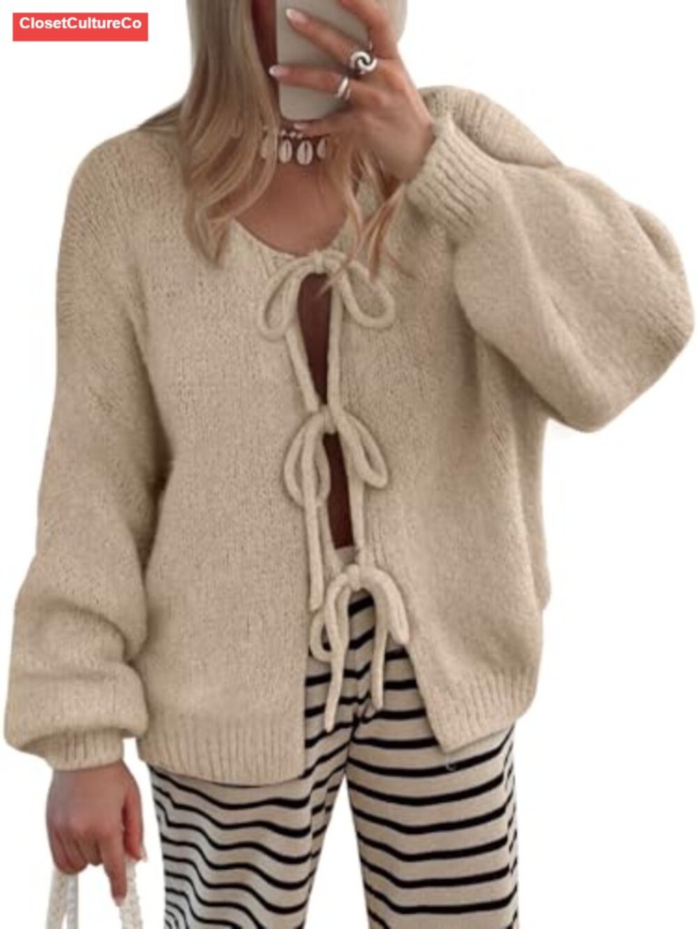 Tie Front Cardigan Puff Sleeve Bow Knit Sweater Women